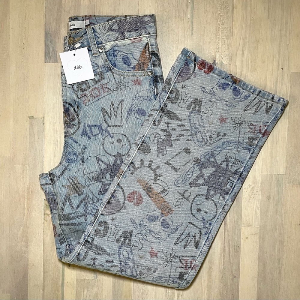 ADIKA WOMEN HIGH WAIST GRAFFITI DOODLE PRINT STRAIGHT LEG JEANS NWT SMALL